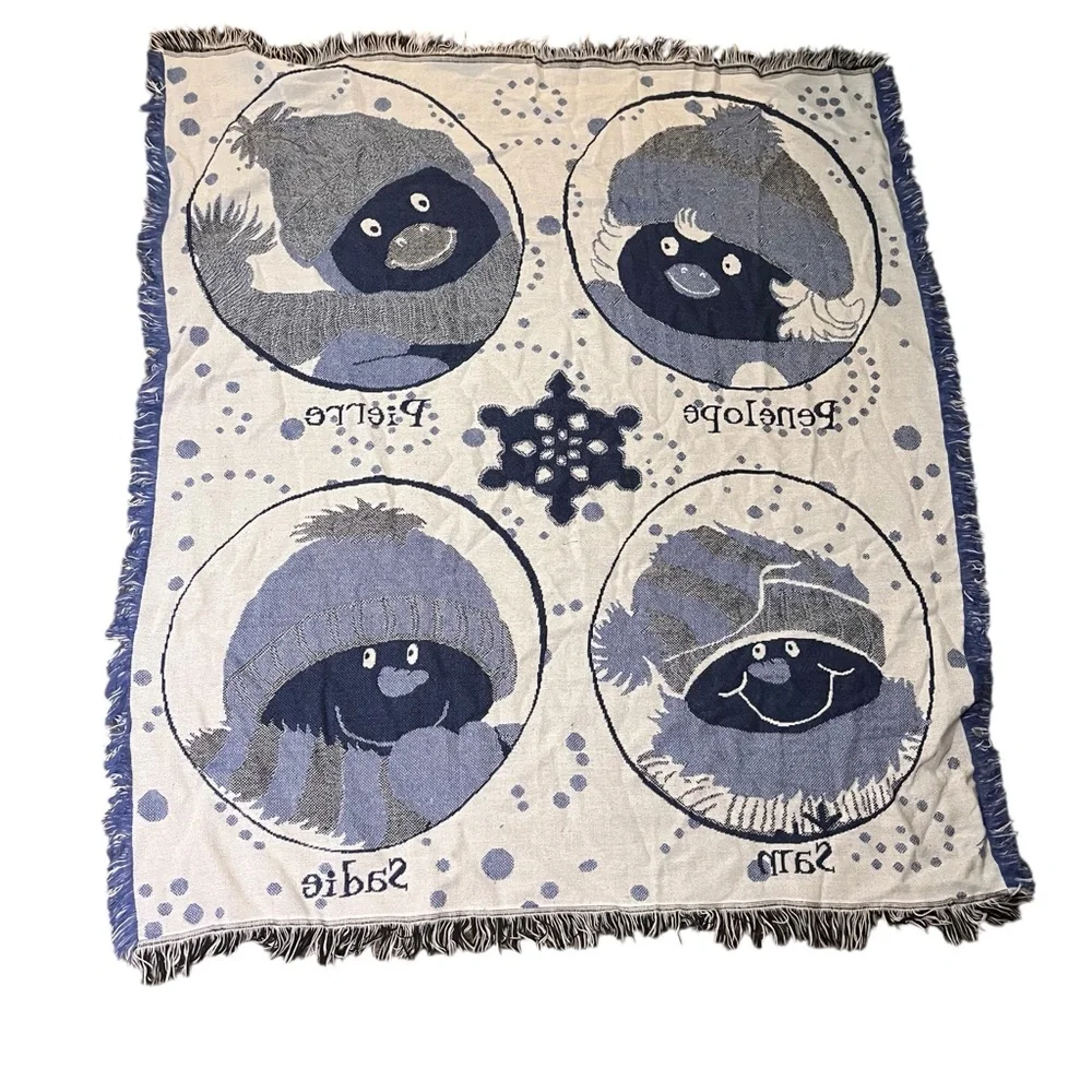Vintage Y2K Woven Throw Blanket Penguin Characters Fringed Edge Blue Cream 56x49